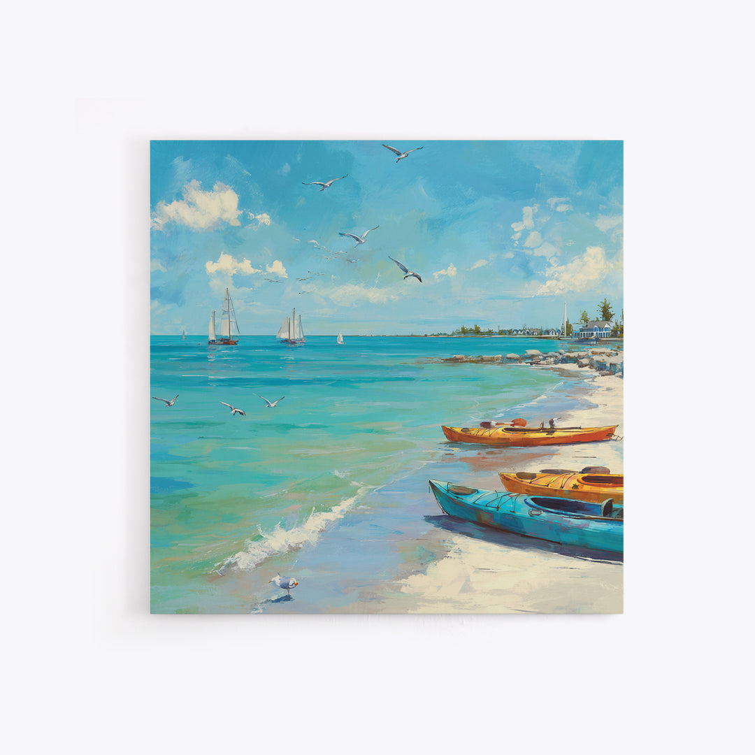 Turquoise Beach Boats And Seagulls Canvas Print, Coastal Wall Art, Ocean Seascape Decor For Beach House Living Room Decor