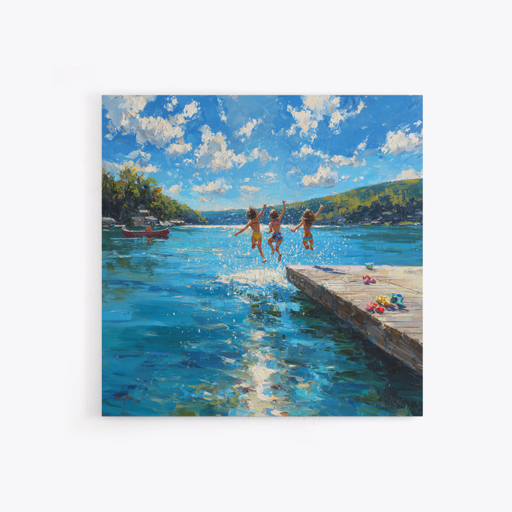 Kids Jumping Off A Sunny Lake Dock Wall Art, Summer Landscape Canvas Print, Lake House Decor, Playroom Art Gift For Coastal Home