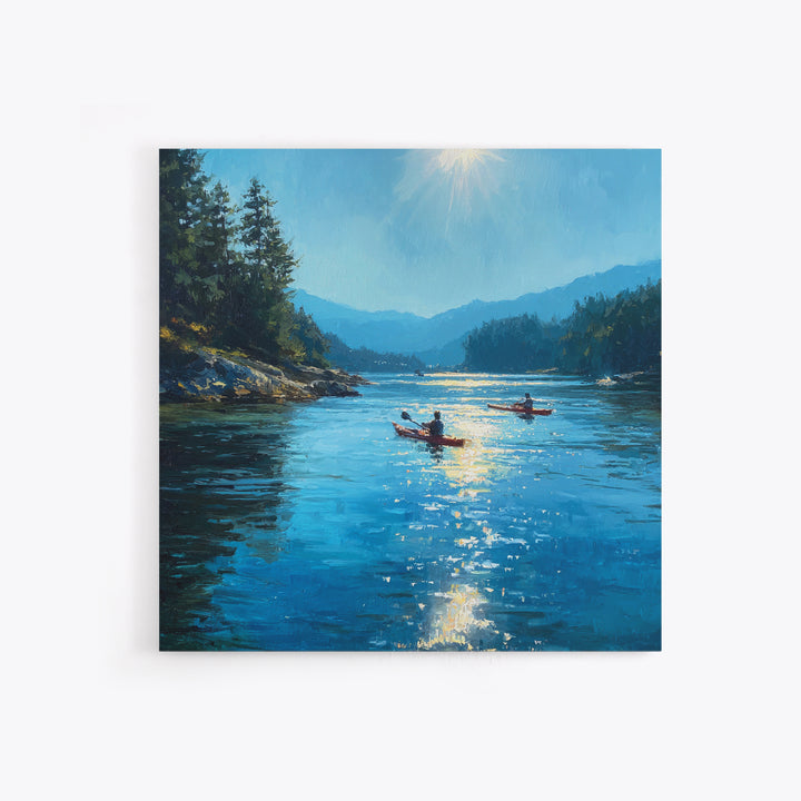 Sunlit Kayakers On Blue Mountain Lake Wall Art, Coastal Landscape Canvas Print, Nature Wall Decor For Living Room Home Decor Gift
