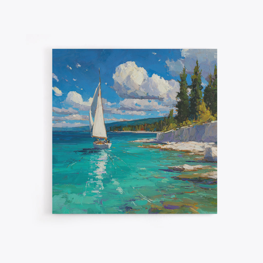 White Sailboat On Turquoise Lake Wall Art, Coastal Landscape Painting, Nautical Lake House Decor, Impasto Framed Canvas Print