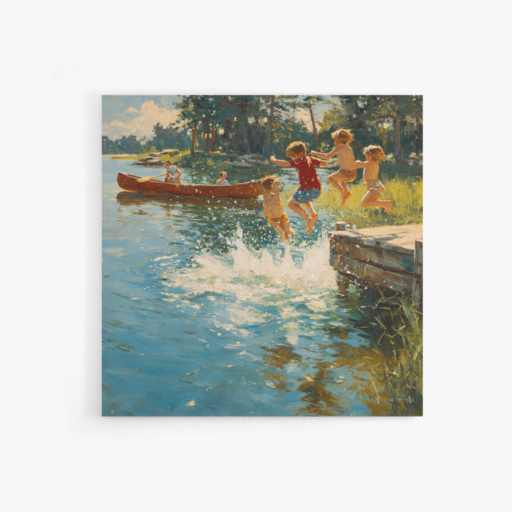 Children Jumping Into Sunny Lake Canvas Print, Summer Cabin Wall Art, Rustic Lake House Decor, Kids Room Art, Family Gift