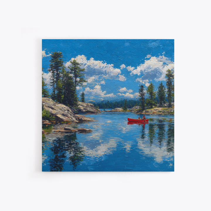 Red Canoe On Alpine Lake Wall Art, Mountain Landscape Painting, Rustic Cabin Decor, Pine Forest Nature Lover Framed Canvas Print