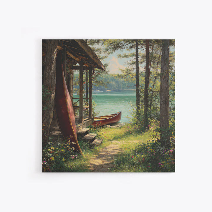 Lakeside Cabin With Red Canoes Framed Canvas Print, Rustic Lake House Wall Art, Cozy Nature Decor, Peaceful Getaway Gift