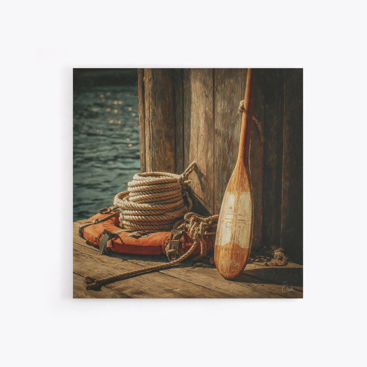 Weathered Oar And Coiled Rope Canvas Print, Nautical Wall Art, Rustic Coastal Decor, Seaside Lake House Gift For Boat Lovers