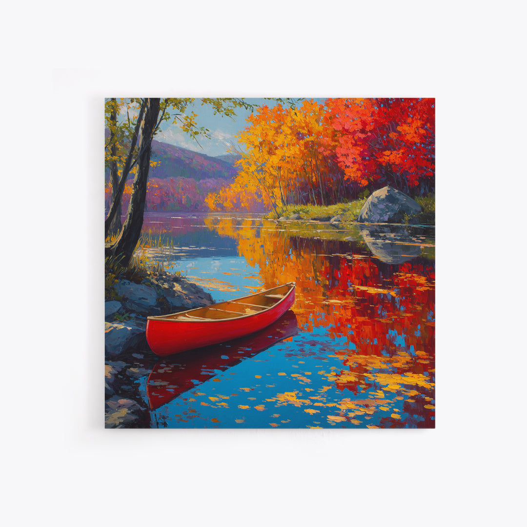 Red Canoe On Autumn Lake Wall Art, Colorful Fall Landscape Painting, Cabin Decor, Nature Wall Art, Housewarming Gift, Large Canvas Print