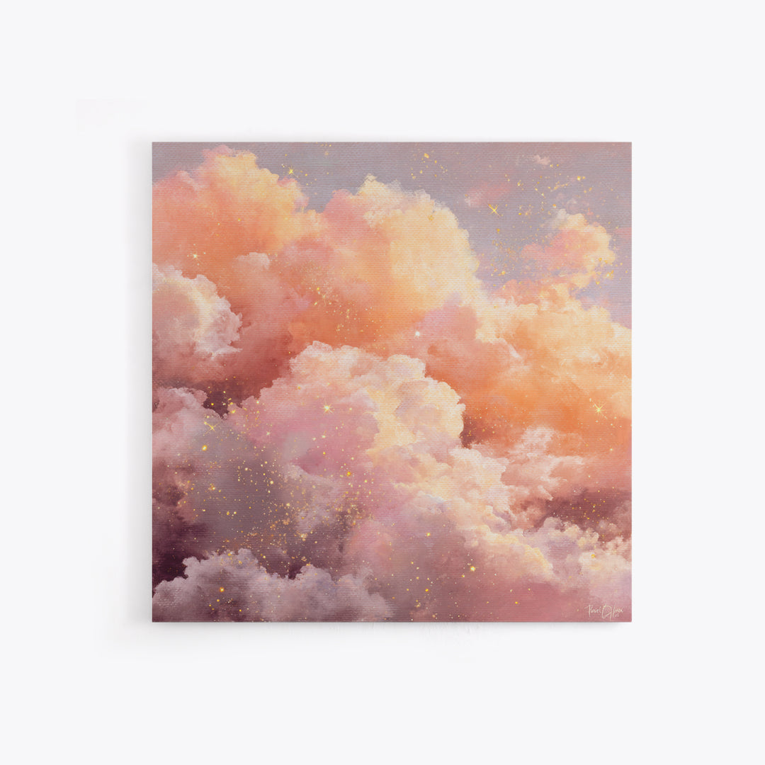Blush Pink Celestial Clouds With Golden Stars Wall Art, Dreamy Sky Canvas, Pastel Bedroom Decor, Nursery Gift, Ethereal Home Decor