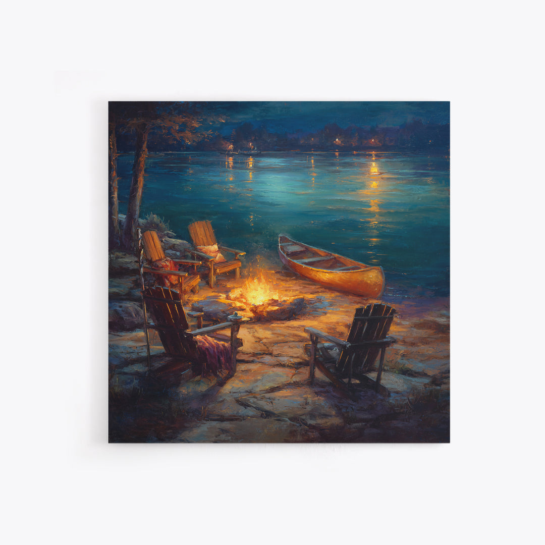 Lakeside Campfire Adirondack Chairs Wall Art, Canoe Night Lake Canvas Print, Cabin Decor, Rustic Housewarming Gift For Lake House