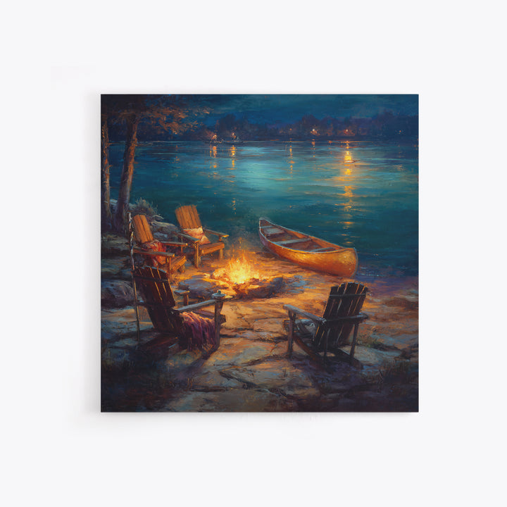 Lakeside Campfire Adirondack Chairs Wall Art, Canoe Night Lake Canvas Print, Cabin Decor, Rustic Housewarming Gift For Lake House