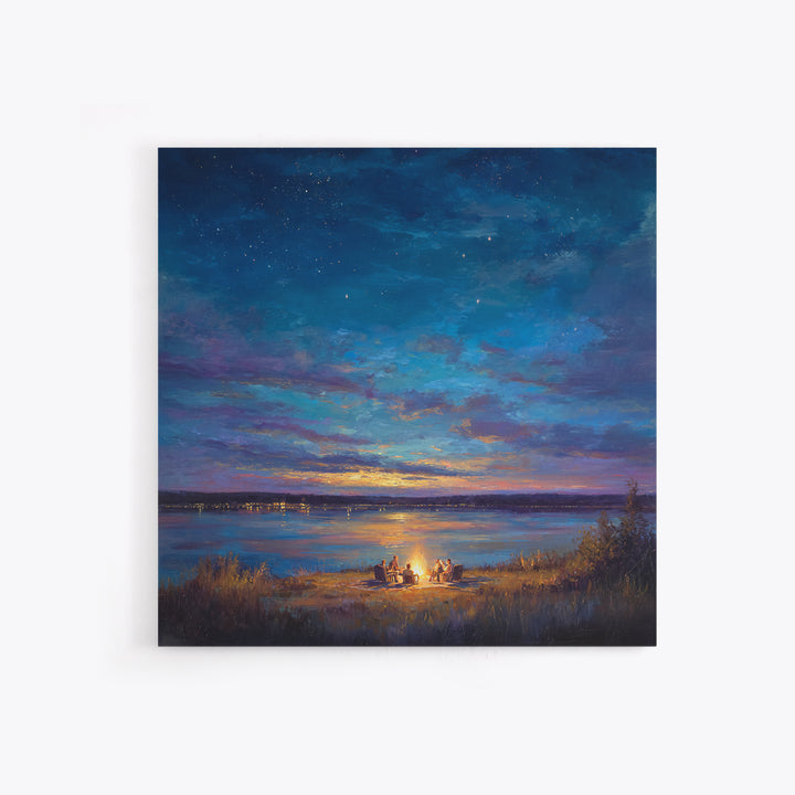 Starry Lakeside Campfire Canvas Print, Moody Night Sky Landscape Art, Cabin Wall Decor, Cozy Living Room Art, Housewarming Gift