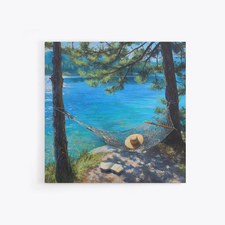 Pine Lake Hammock Reading Nook Wall Art, Coastal Lake House Decor, Peaceful Nature Canvas Print, Relaxing Bedroom Art Gift