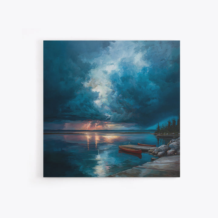 Moody Storm Over Lake With Canoes Canvas Print, Blue Seascape Wall Art, Dramatic Lightning Landscape, Cabin Decor, Nature Gift