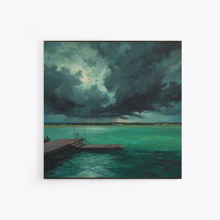 Stormy Turquoise Lake Dock And Dark Clouds Canvas Print, Moody Landscape Art, Coastal Wall Decor, Office Wall Art Gift For Him