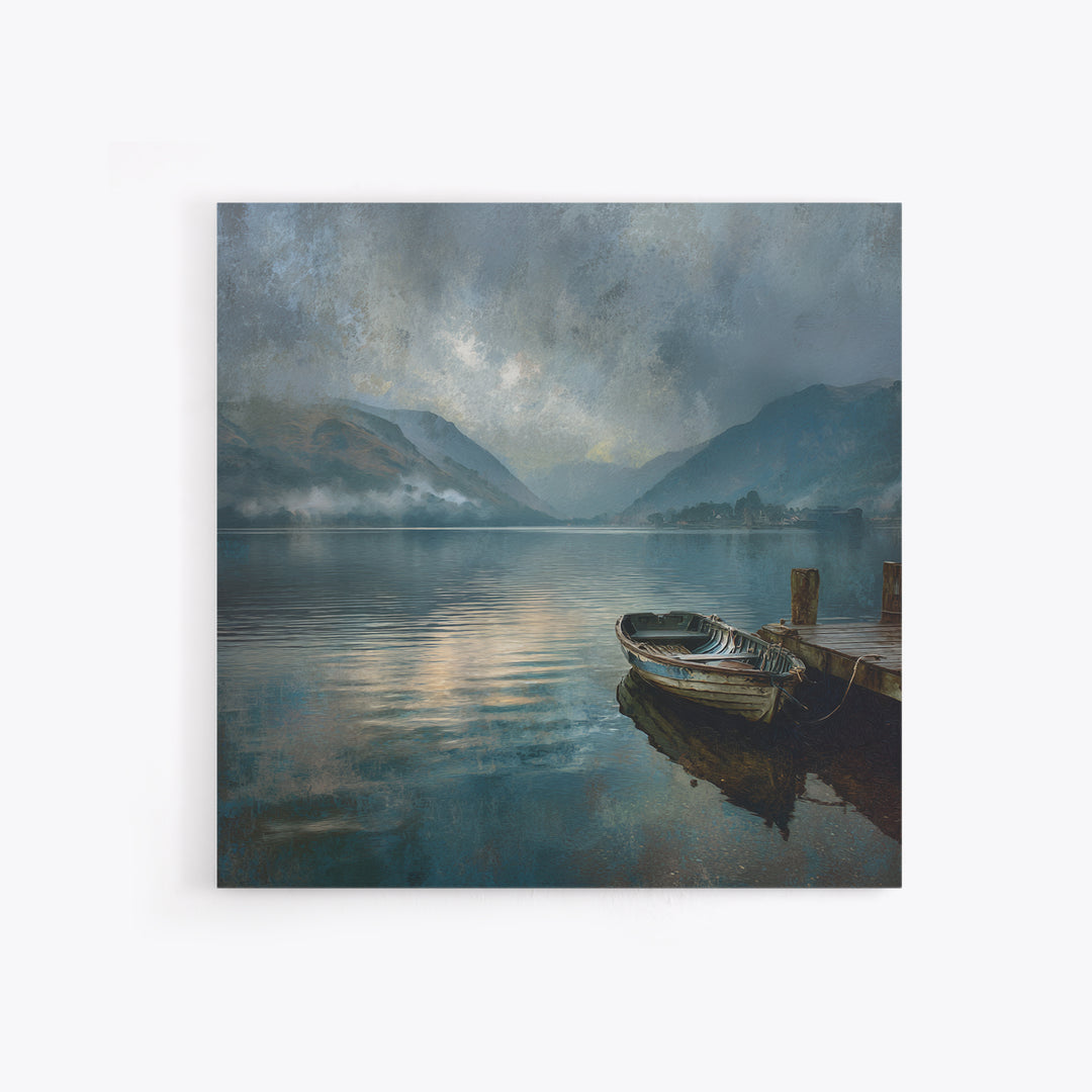 Moody Mountain Lake With Old Boat Wall Art, Misty Landscape Framed Canvas Print, Rustic Cabin Living Room Decor Housewarming Gift