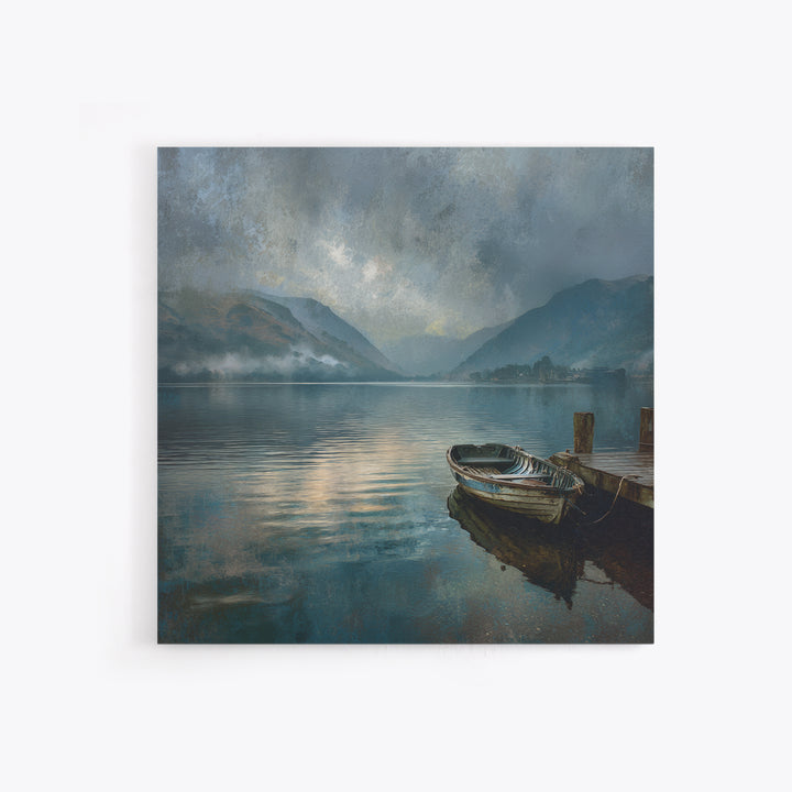 Moody Mountain Lake With Old Boat Wall Art, Misty Landscape Framed Canvas Print, Rustic Cabin Living Room Decor Housewarming Gift