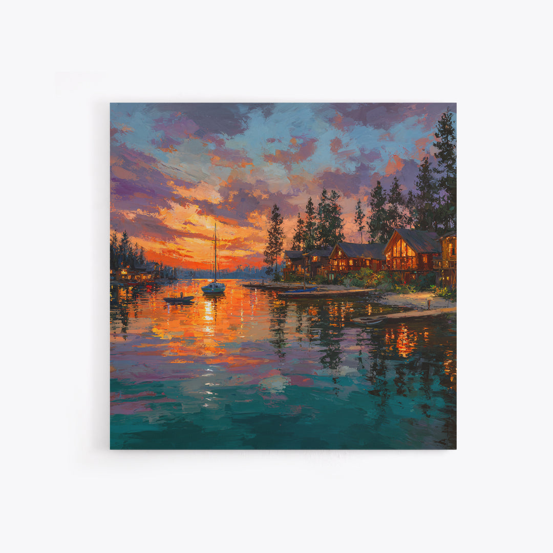 Glowing Lakeside Cabins At Sunset Wall Art, Coastal Landscape Canvas Print, Lake House Decor, Rustic Cabin Living Room Art