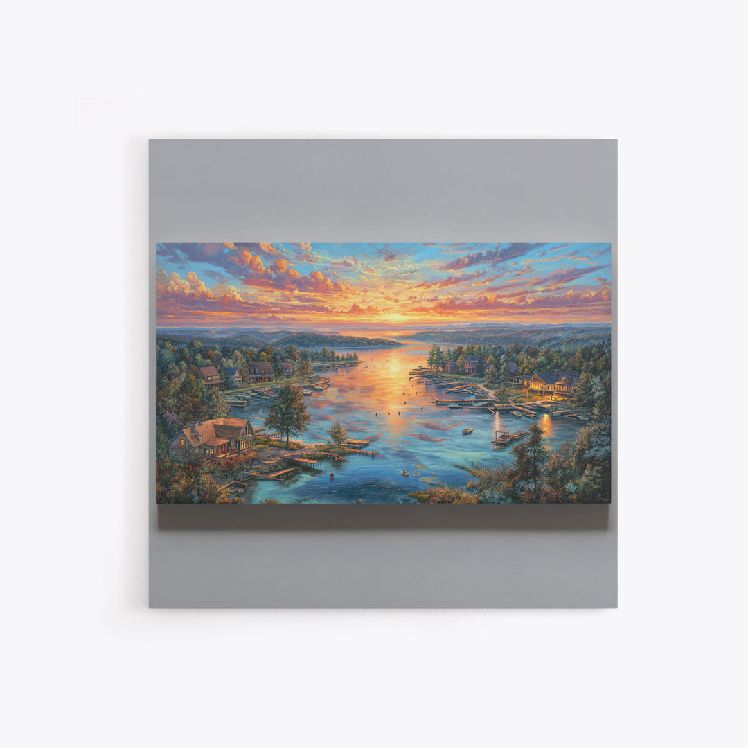 Sunset Lake Village Framed Canvas Print, Panoramic Landscape Wall Art, Coastal Cabin Decor, Large Living Room Art, Housewarming Gift