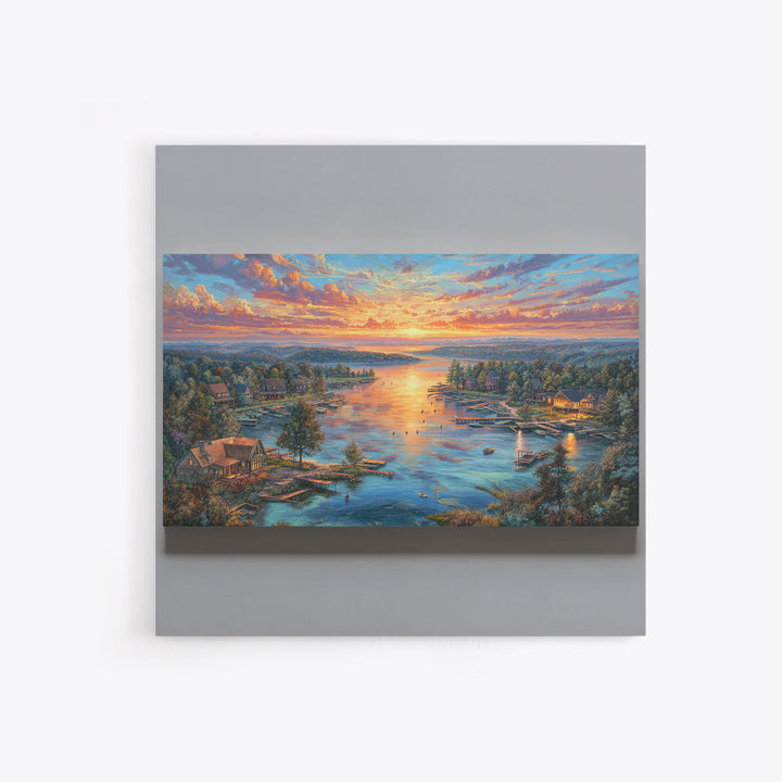 Sunset Lake Village Framed Canvas Print, Panoramic Landscape Wall Art, Coastal Cabin Decor, Large Living Room Art, Housewarming Gift