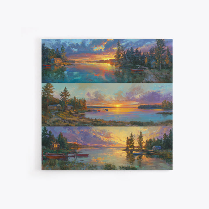 Three Serene Lake Sunset Panels Canvas Print, Panoramic Landscape Wall Art, Cabin Decor, Coastal Living Room Prints, Lake House Art