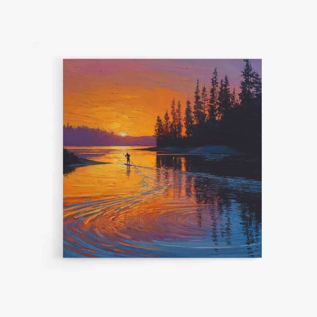 Sunset Paddleboard Pine Lake Wall Art, Orange Blue Seascape Canvas Print, Nature Decor, Living Room Decor, Gift For Him Or Her