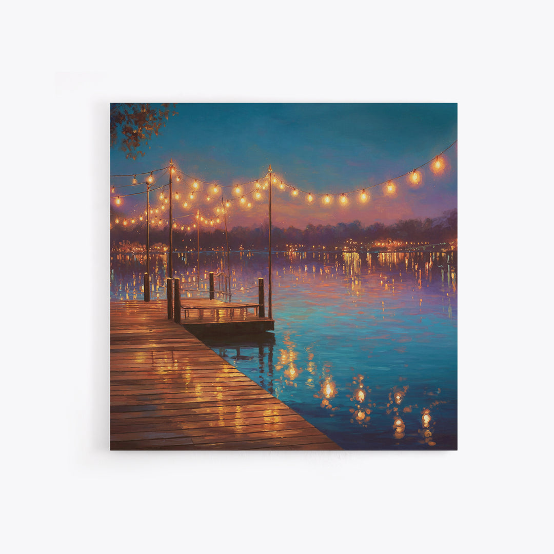 Twilight Lake Dock Lights Wall Art, Romantic Waterfront Canvas Print, Cozy Living Room Decor, Lake House Decor Gift For Her