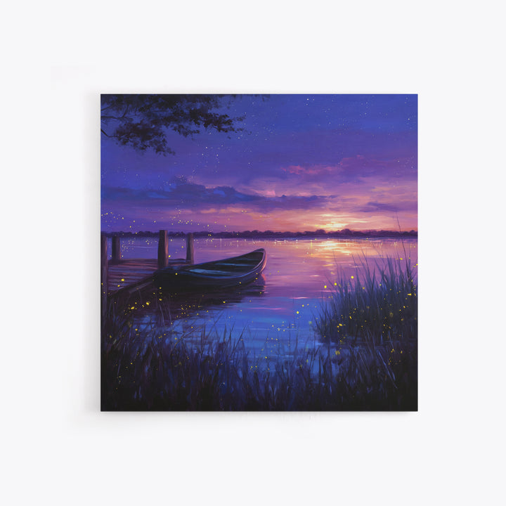Twilight Lake With Boat And Fireflies Painting Wall Art, Dreamy Night Landscape Print, Romantic Nature Bedroom Decor