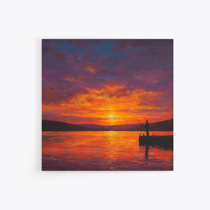 Fisherman At Fiery Sunset Wall Art, Serene Lake Landscape Canvas Print, Rustic Cabin Decor, Peaceful Nature Living Room Wall Art