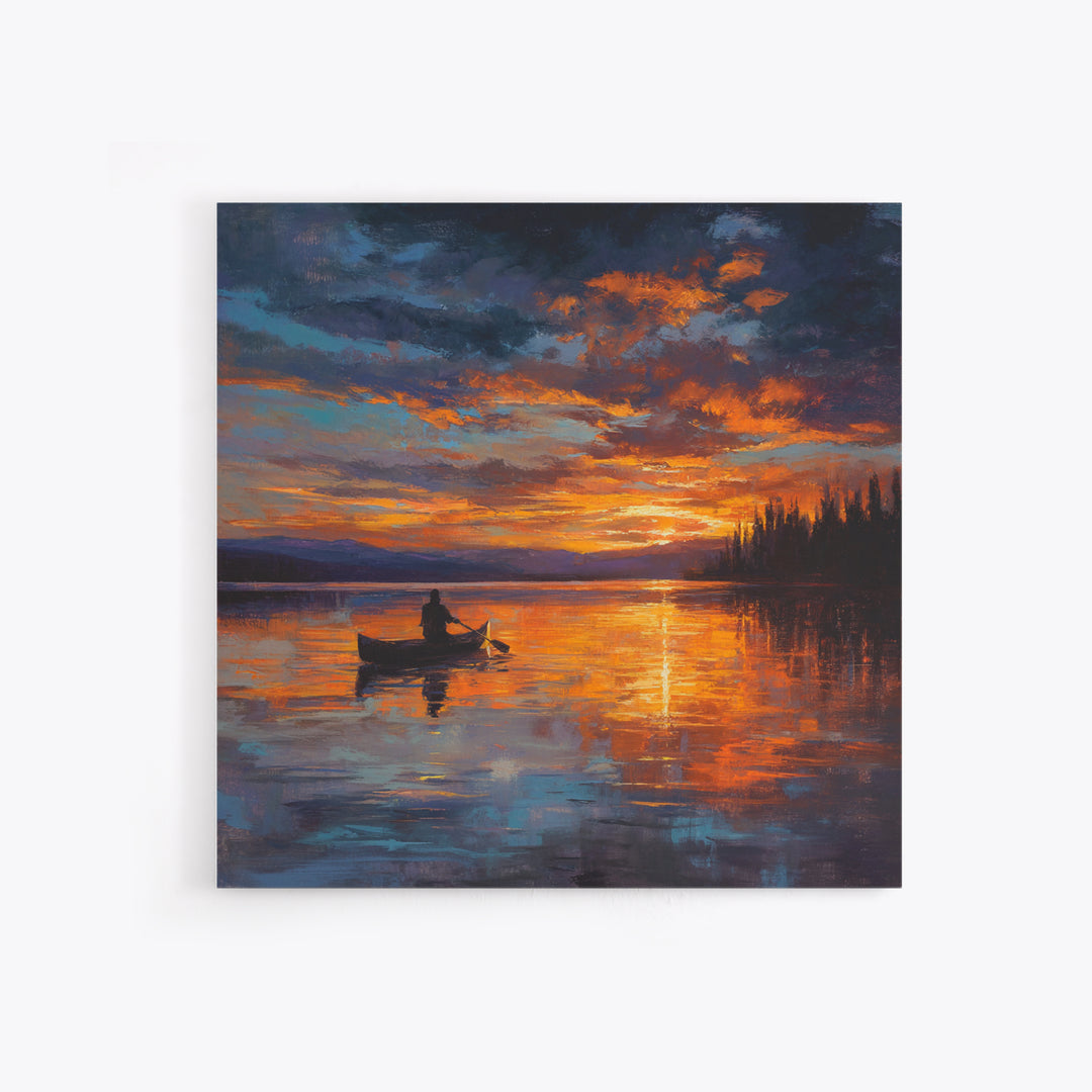 Canoe On Fiery Lake Sunset Framed Canvas Print, Impressionist Landscape Wall Art For Cozy Living Room Or Cabin Home Decor