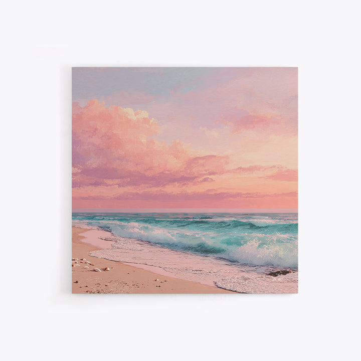 Pink Ocean Waves At Sunset Canvas Print, Pastel Coastal Wall Art, Beach House Decor, Large Living Room Wall Decor, Serene Seascape