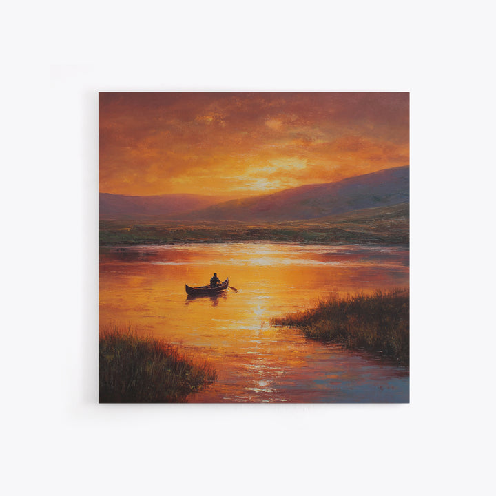 Golden Canoe At Sunset Lake Landscape Wall Art Canvas Print For Living Room Decor, Calming Nature Painting Home Decor