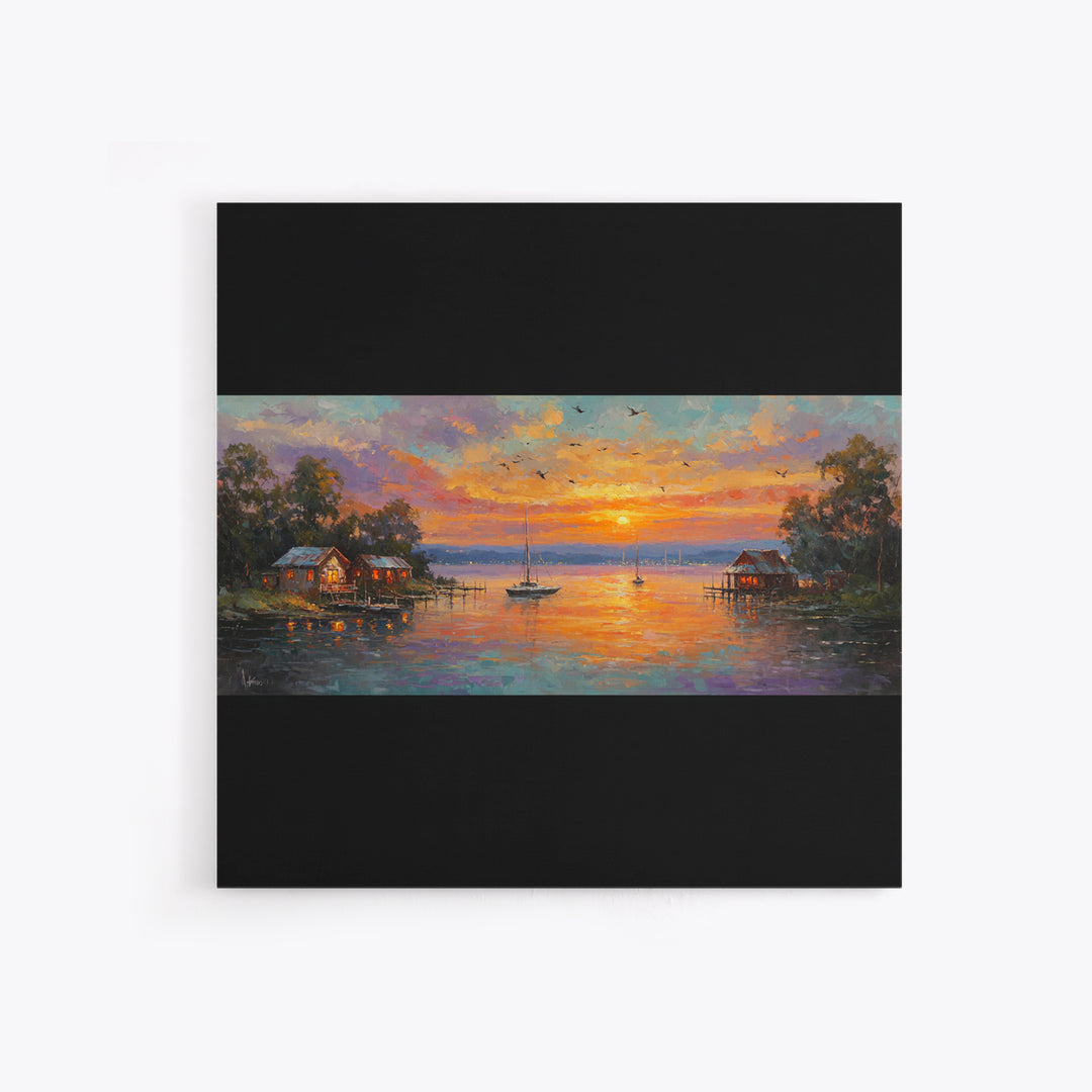 Sunset Lake Houses Palette Knife Painting Panoramic Wall Art Large Horizontal Canvas Print Coastal Wall Decor