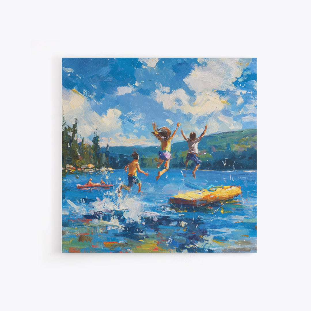 Kids Jumping Off Dock Lake Day Wall Art, Colorful Impressionist Summer Canvas Print, Playful Lake House Painting For Family Room Or Nursery