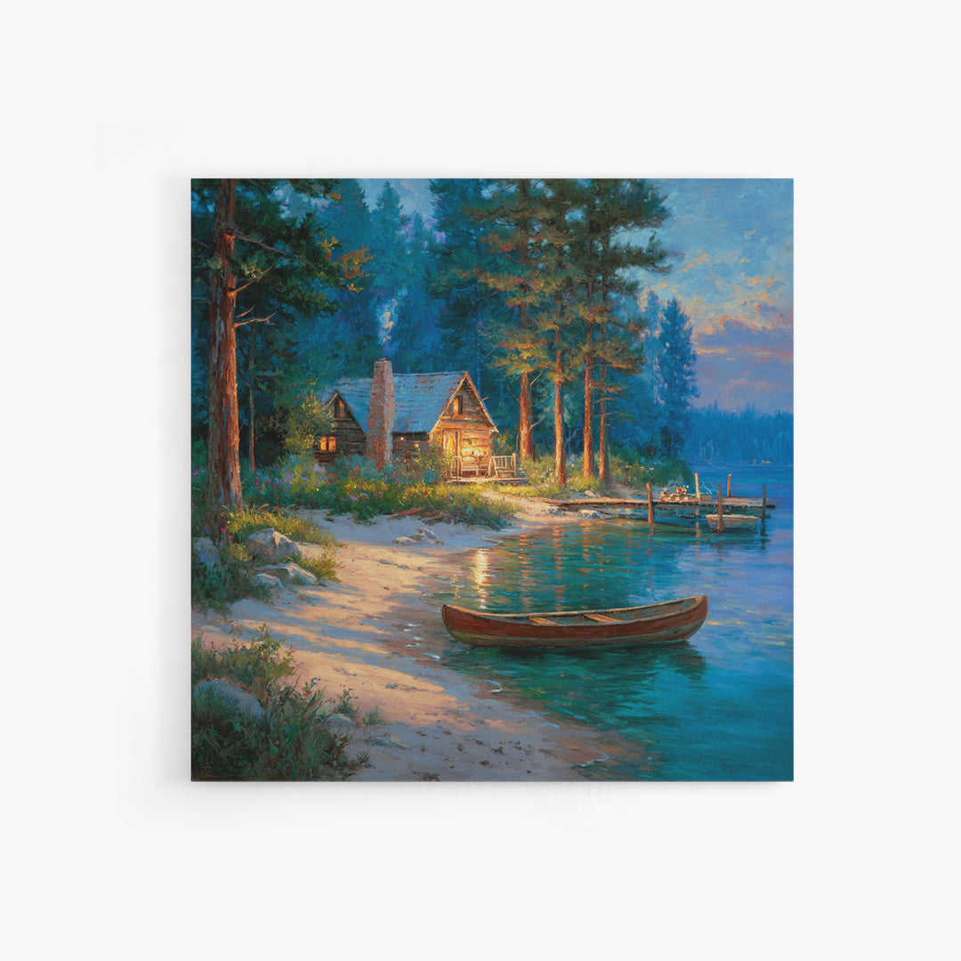 Cozy Lakeside Cabin At Dusk Landscape Wall Art Print, Rustic Lake House Home Decor, Nature Painting Living Room Wall Art