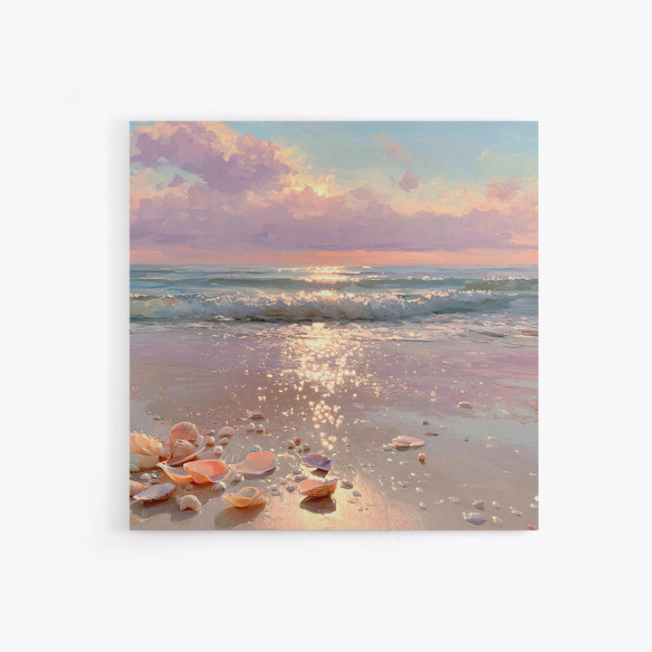 Sparkling Seashell Beach Sunrise Framed Canvas Print, Coastal Wall Art, Ocean Waves, Nautical Living Room Decor, Beach House Gift