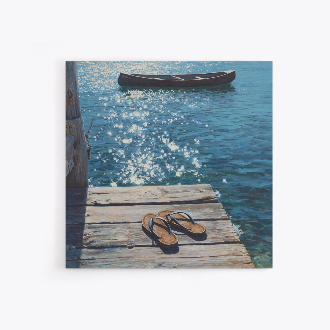 Sparkling Lake Dock With Boat Realism Wall Art, Coastal Summer Canvas Print, Beach House Decor Relaxing Ocean Lake Scene