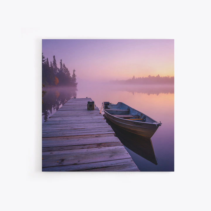 Serene Misty Lake Dock Wall Art, Calming Boat Landscape Canvas Print, Minimalist Nature Photography, Lake House Decor