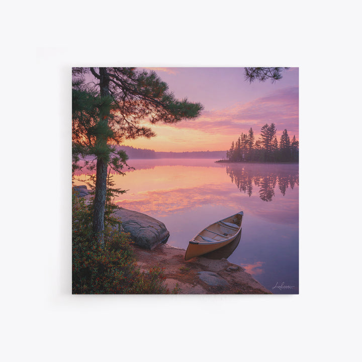 Canoe At Sunrise Lake Wall Art, Tranquil Morning Landscape Canvas Print, Nature Photography For Cabin Or Living Room Decor