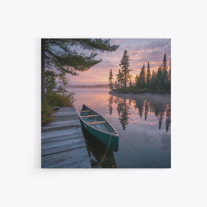 Tranquil Canoe At Sunrise Lake Landscape Wall Art Print, Serene Nature Photography, Cabin Rustic Home Decor Wall Art