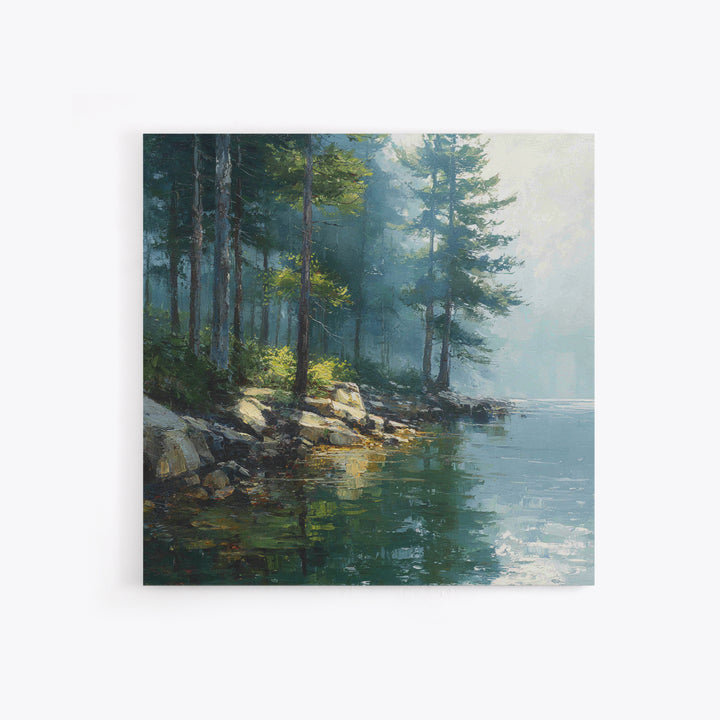 Misty Forest Lake Landscape Wall Art, Tranquil Nature Painting, Cabin Retreat Decor, Large Coastal Forest Canvas Print