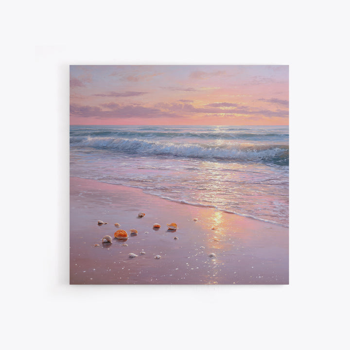 Pastel Sunset Ocean Shore With Seashells Canvas Print, Pink Coastal Wall Art, Beach House Decor, Calming Seascape, Living Room Wall Decor