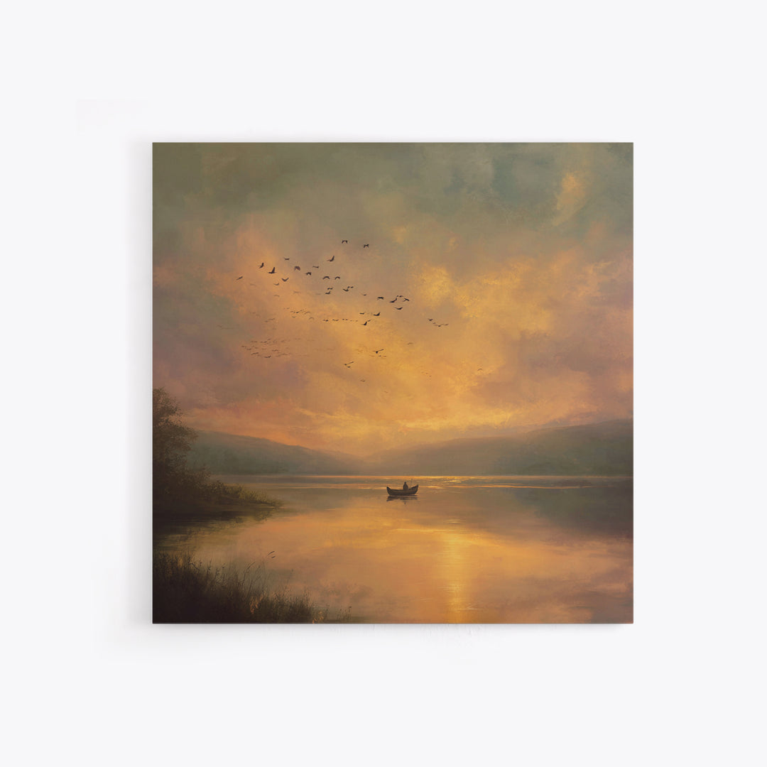 Golden Sunset Rowboat Landscape Wall Art, Romantic Lake Canvas Print For Cozy Living Room Decor And Bedroom Wall