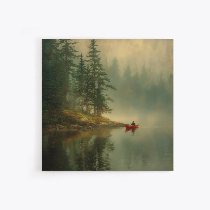 Misty Forest Lake With Red Canoe Wall Art, Peaceful Morning Landscape Canvas Print, Cozy Cabin Decor Artwork