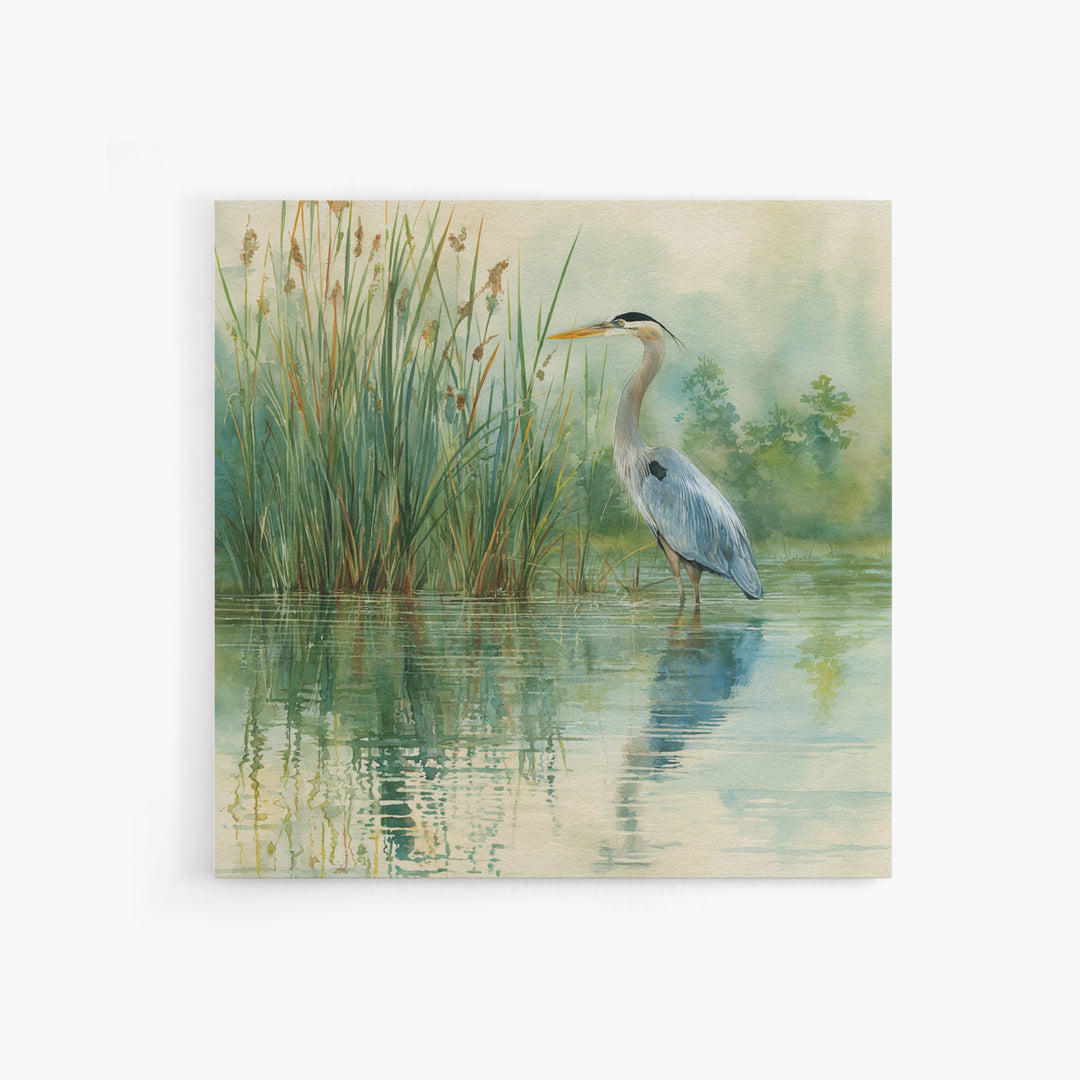 Heron Marsh Watercolor Wall Art, Nature Bird Canvas Print, Tranquil Coastal Landscape Art For Bathroom Or Living Room