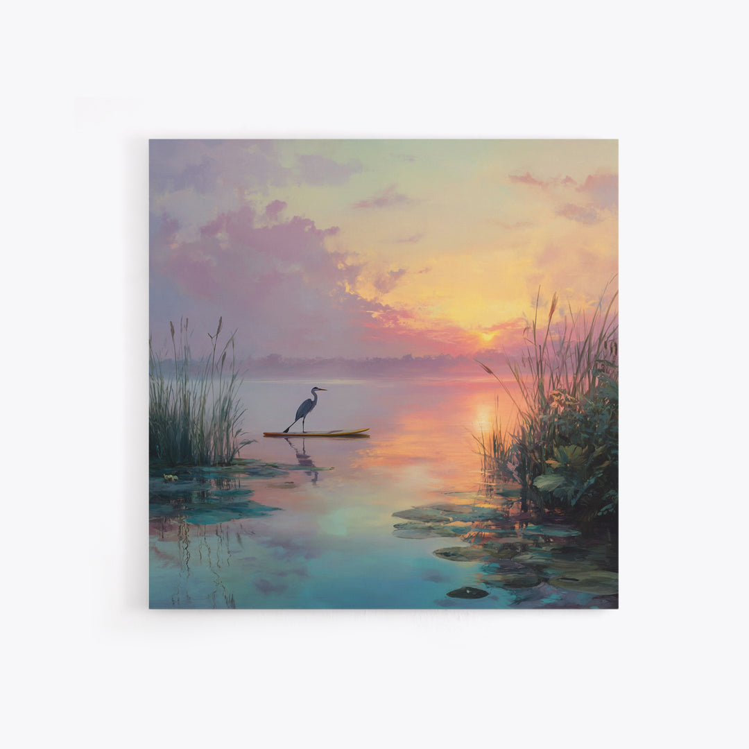 Pastel Lake Sunrise Heron Reeds And Lilies Landscape Wall Art Canvas Print Calming Nature Home Decor Bedroom Wall Art