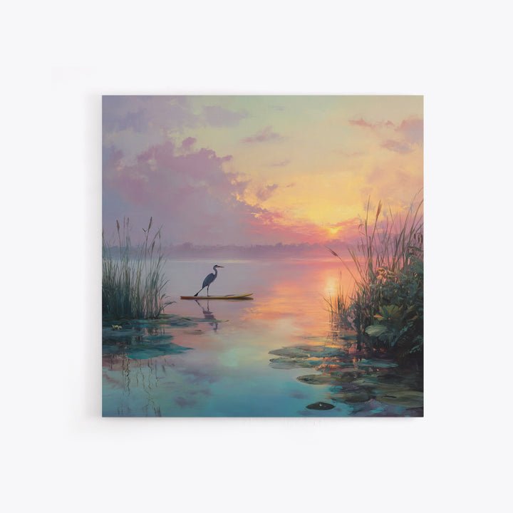 Pastel Lake Sunrise Heron Reeds And Lilies Landscape Wall Art Canvas Print Calming Nature Home Decor Bedroom Wall Art