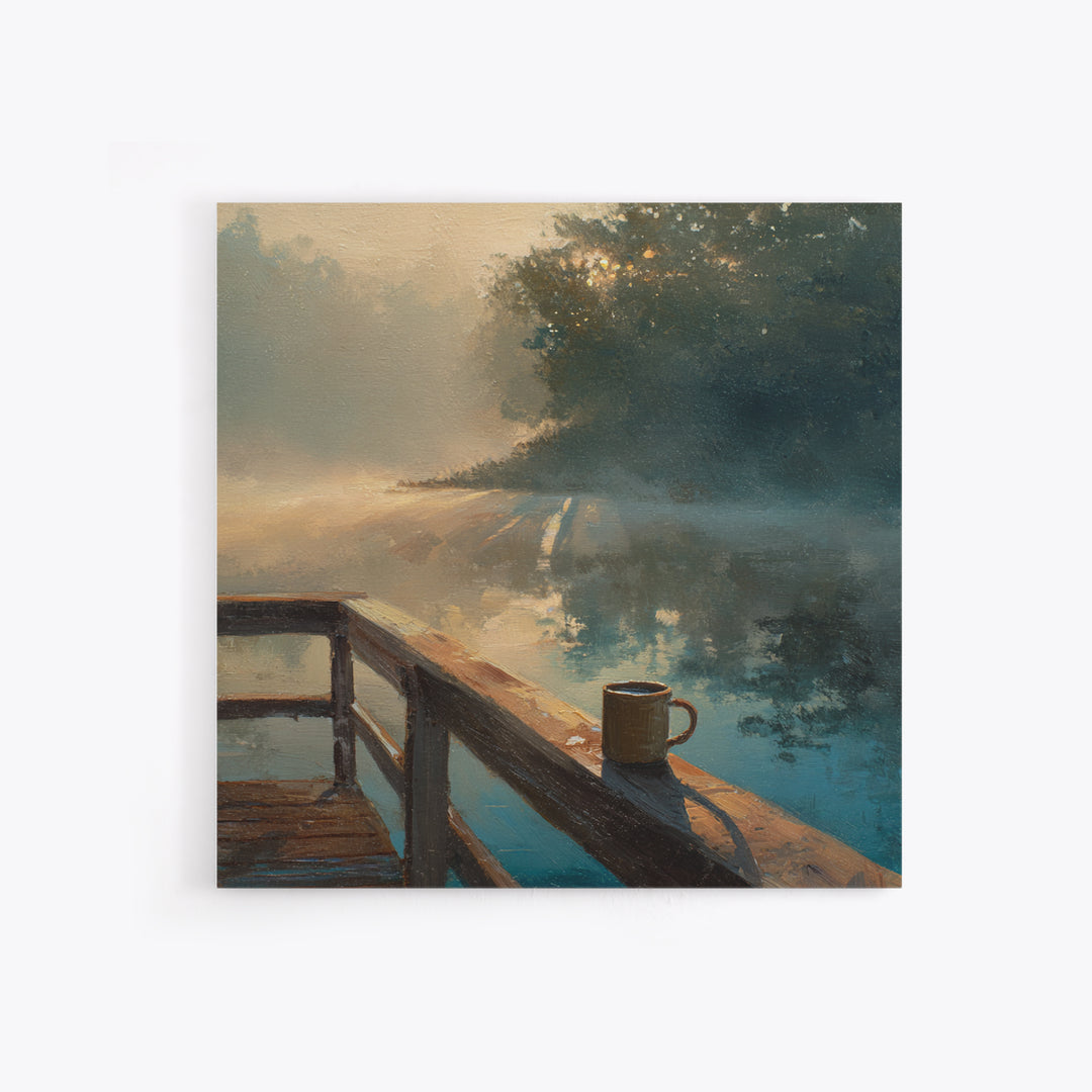 Misty Lake Morning Dock Wall Art, Coffee Mug By Water, Calming Landscape Canvas Print For Bedroom Or Living Room Decor