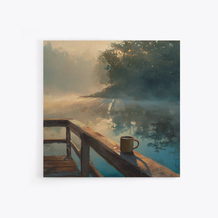 Misty Lake Morning Dock Wall Art, Coffee Mug By Water, Calming Landscape Canvas Print For Bedroom Or Living Room Decor
