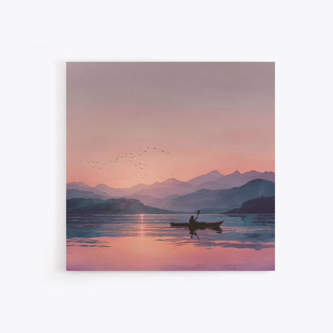 Serene Kayak At Pink Mountain Sunrise Landscape Wall Art, Calming Lake Painting, Nature Home Decor Canvas Print