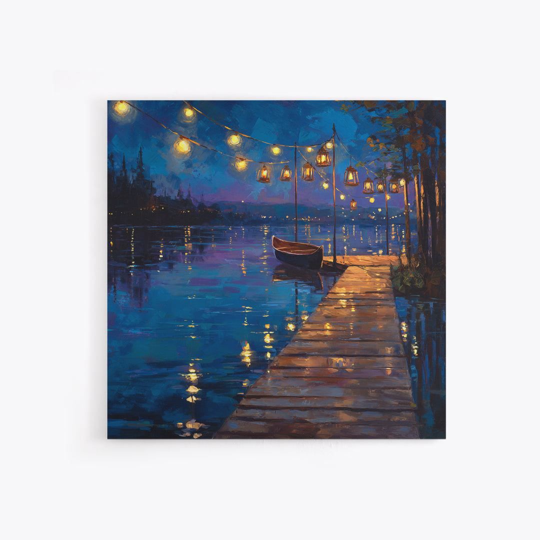 Romantic Lakeside Dock At Night Boat Lights Reflections Wall Art Canvas Print Modern Coastal Home Decor Living Room Wall Art