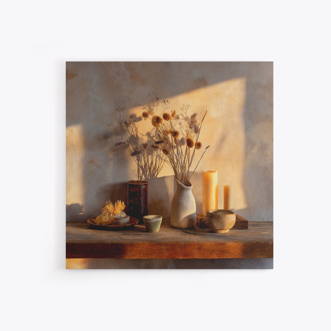 Rustic Dried Flower Still Life With Candles Wall Art, Neutral Wabi Sabi Decor, Farmhouse Shelf Fine Art Print, Warm Earth Tone Home Decor
