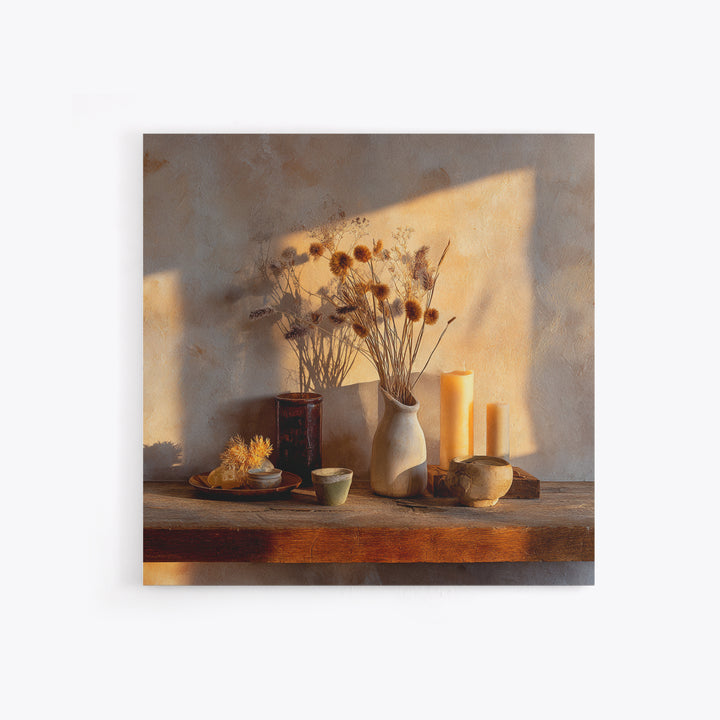 Rustic Dried Flower Still Life With Candles Wall Art, Neutral Wabi Sabi Decor, Farmhouse Shelf Fine Art Print, Warm Earth Tone Home Decor